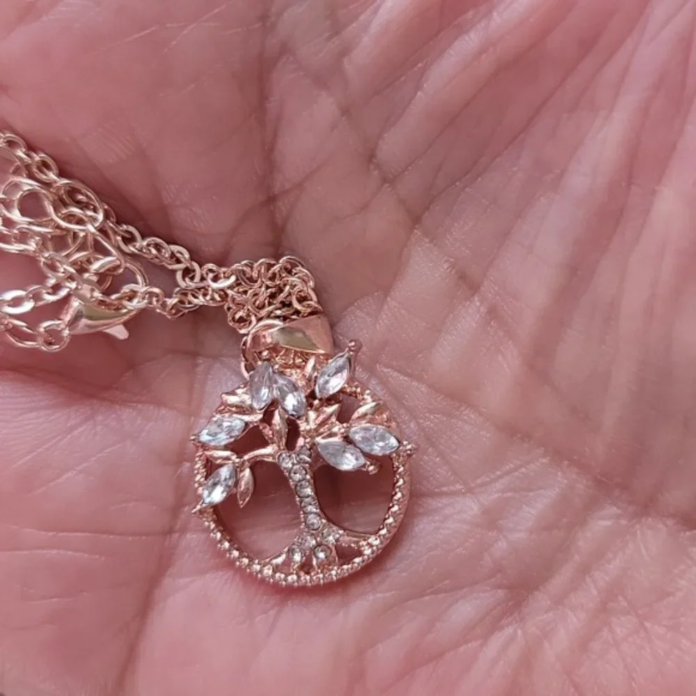 Tree of Life Pendant Necklace White Rhinestones Gold Tone Adjustable 22